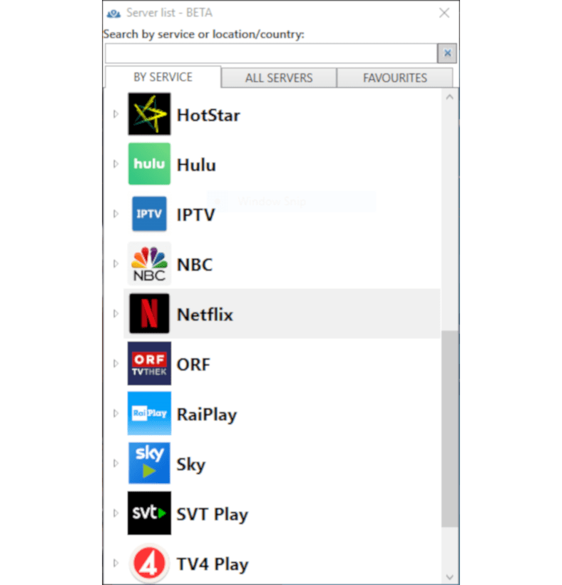 Captura de tela dos servidores de streaming do PrivateVPN