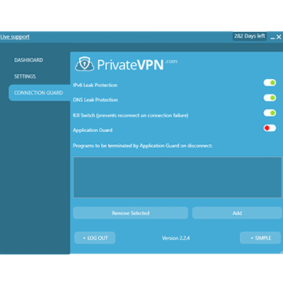Kuvakaappaus PrivateVPN Connection Guard -sovelluksesta