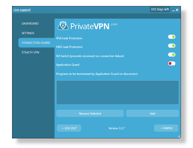 Captura de tela do menu de configurações PrivateVPN no aplicativo