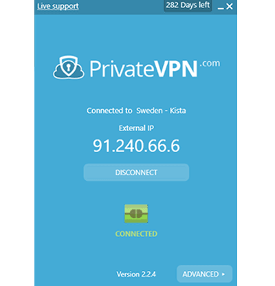 Näyttökuva PrivateVPN Desktop App -näytöstä