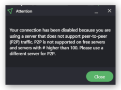 ProtonVPN無料アプリのP2P警告ポップアップ