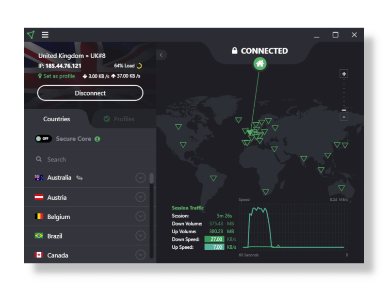 Снимок экрана со списком серверов ProtonVPN в приложении