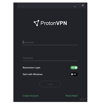 Skærmbillede af ProtonVPN login skærm