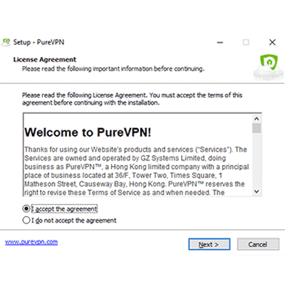 PureVPN条款和条件的屏幕截图