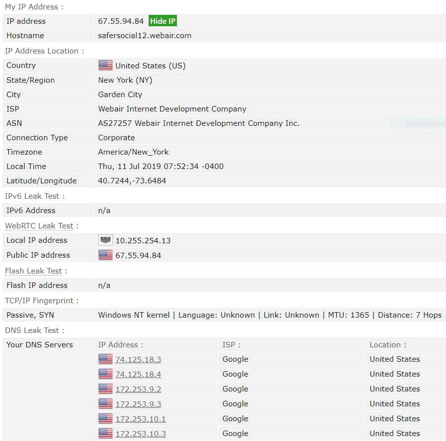 Captura de pantalla de los resultados de la prueba de fugas de SaferVPN en browserleaks.com