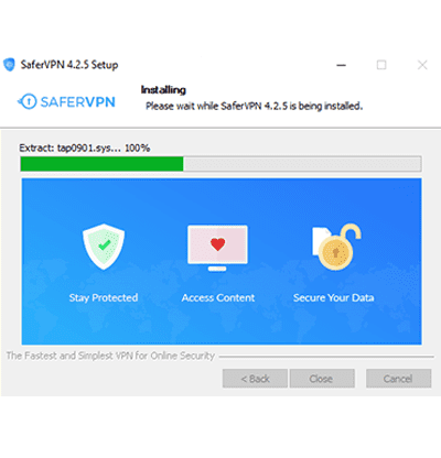 Skjermbilde av SaferVPN installasjon fremgang