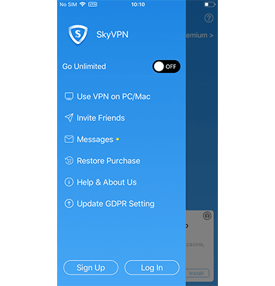 SkyVPNのモバイルアプリのメインメニューのスクリーンショット