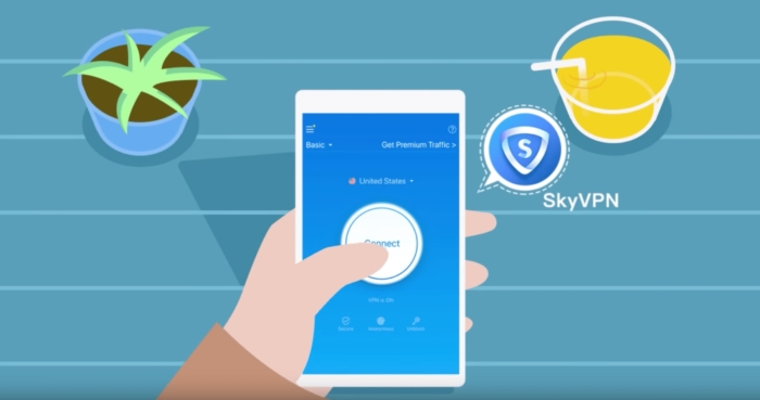 चित्रण के स्क्रीनशॉट SkyVPN वेबसाइट पर एक मोबाइल फोन पर SkyVPN का चित्रण