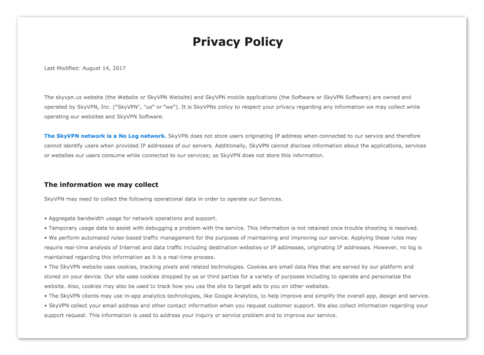 स्काईवीपीएन गोपनीयता नीति का स्क्रीनशॉट