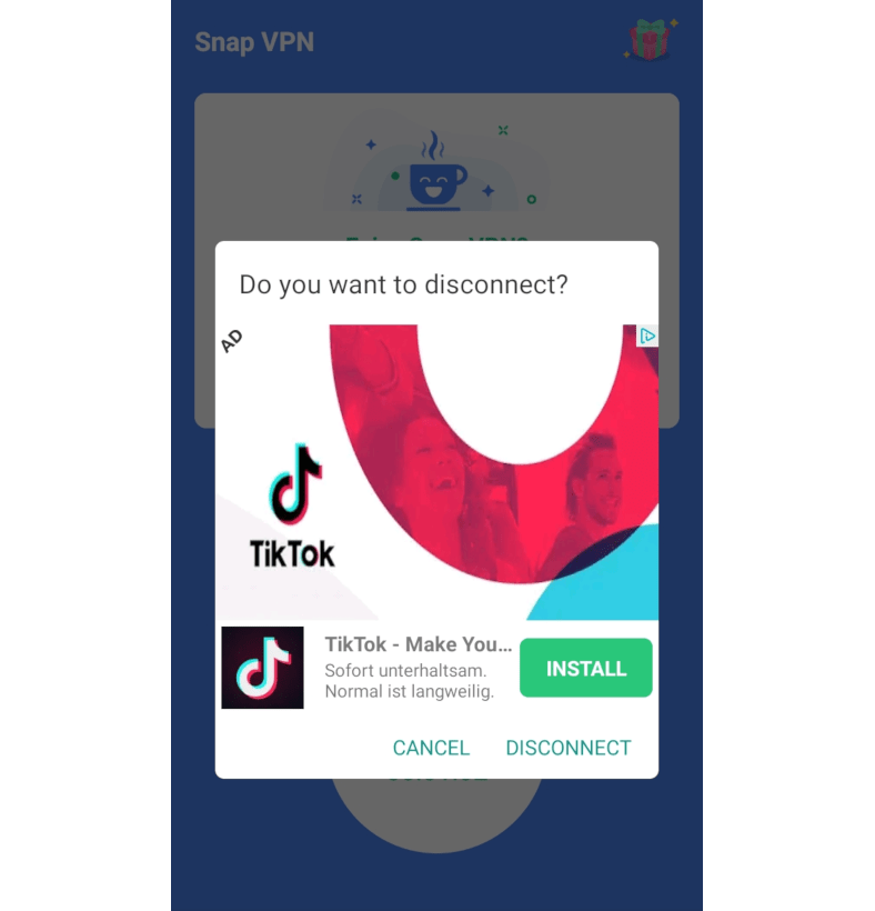 Ekrānuzņēmums ar pogu Snap VPN atvienot