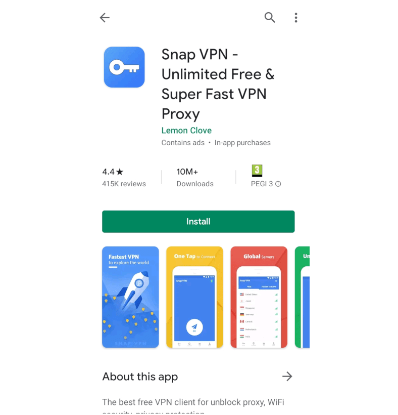צילום מסך של ה- Snap VPN בחנות Google Play