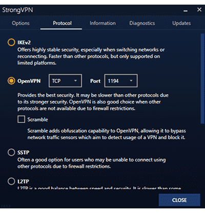 StrongVPN'in Windows uygulamasındaki VPN protokolü seçiminin ekran görüntüsü