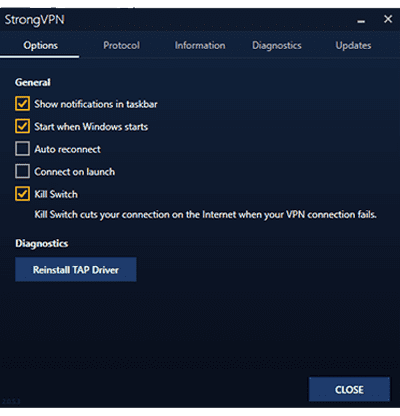 צילום מסך של ההגדרות הכלליות של StrongVPN באפליקציית Windows