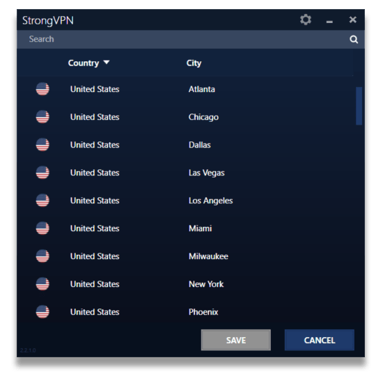StrongVPN серверы уровня города США