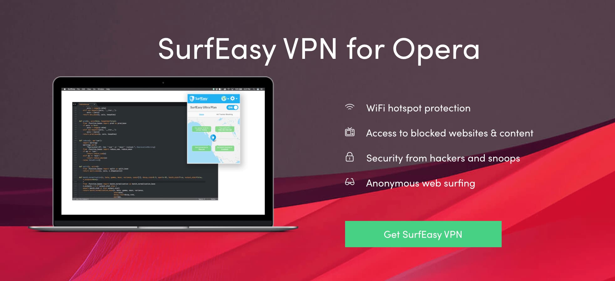 SurfEasy WebサイトにあるSurfEasy Opera Browser Extension広告のスクリーンショット
