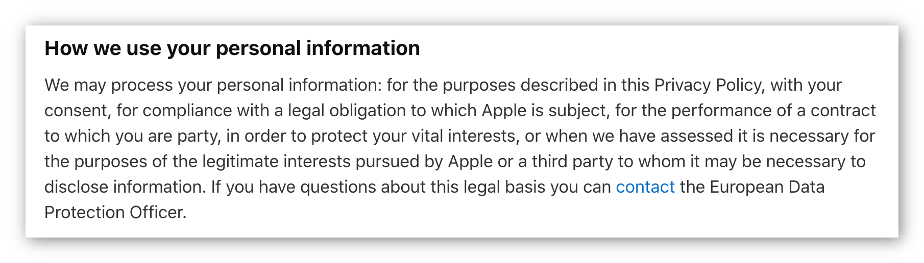 Apple의 개인 정보 보호 정책 스크린 샷