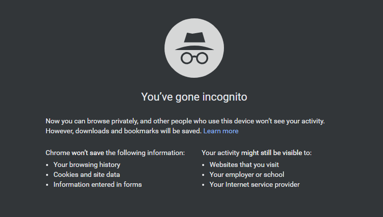 Снимок экрана режима инкогнито Google Chrome