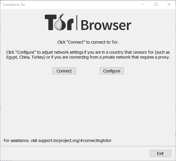 Skärmdump av Tor-installationsfönstret