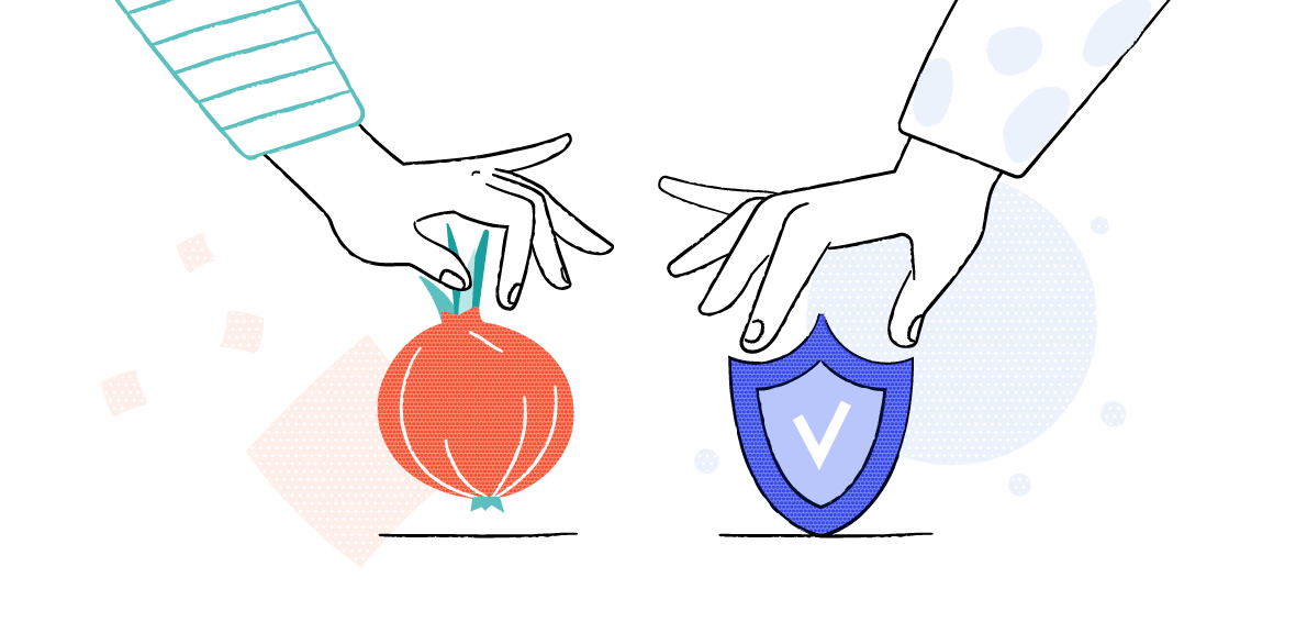 Илюстрация, показваща две ръце, избиращи между Tor лук и VPN щит.