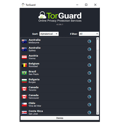 Екранна снимка на списъка на TorGuard на местата на VPN сървъра