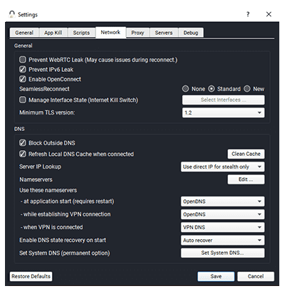 Capture d'écran de la liste des paramètres de TorGuard sur son application Windows