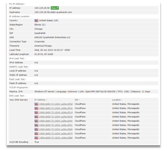 Capture d'écran des résultats de TorGuard dans nos tests de fuite sur BrowserLeaks