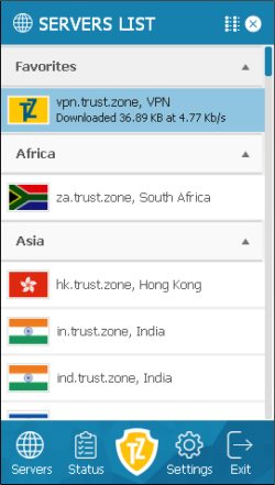 Skærmbillede af Trust.Zone-serverlister