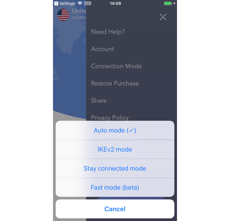 IOS ऐप में VPN360 कनेक्शन मोड का स्क्रीनशॉट