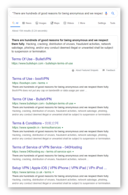 Skärmdump av en Google-sökning som visar flera duplicerade loggningspolicyer