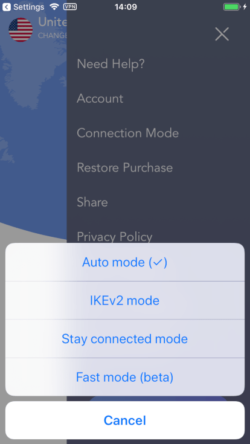 Screenshot der VPN360-Verbindungsmodi in der iOS-App