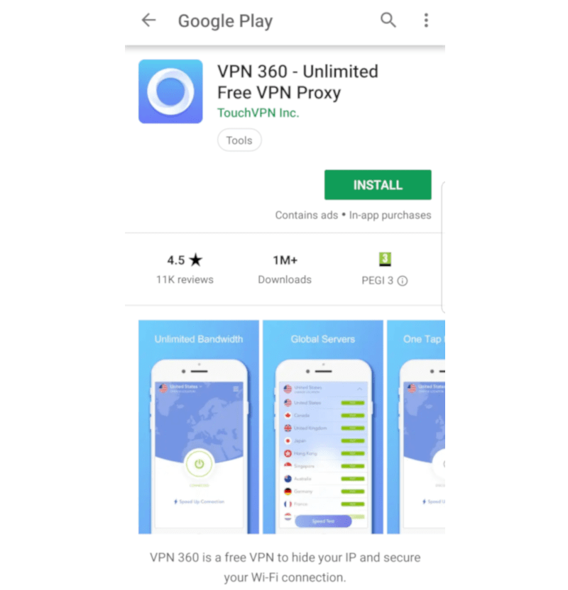 Google Play Store पर VPN 360 प्रोफ़ाइल का स्क्रीनशॉट
