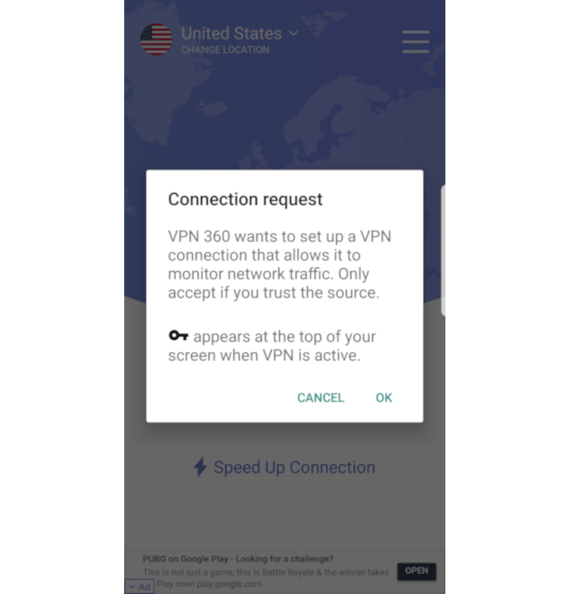 Screenshot der VPN 360 VPN-Verbindungsanfrage