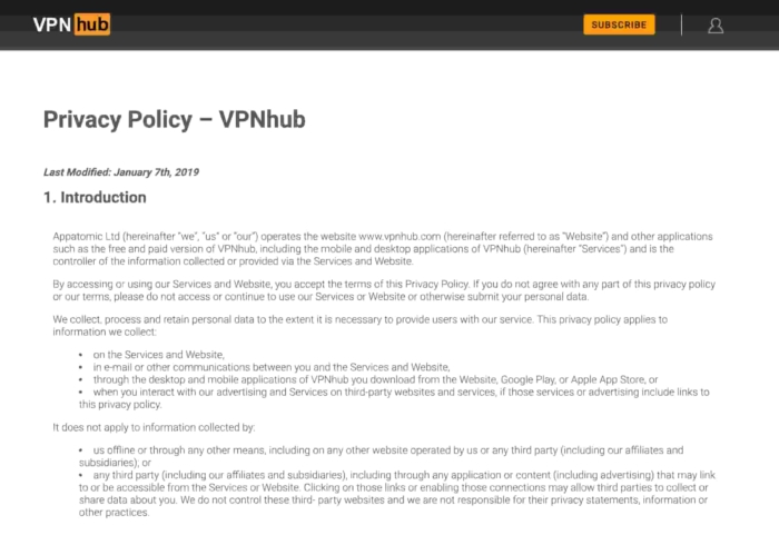 Polityka prywatności VPNhub