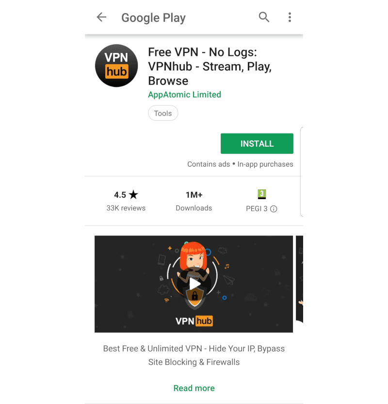 Снимок экрана с профилем VPNhub в App Store