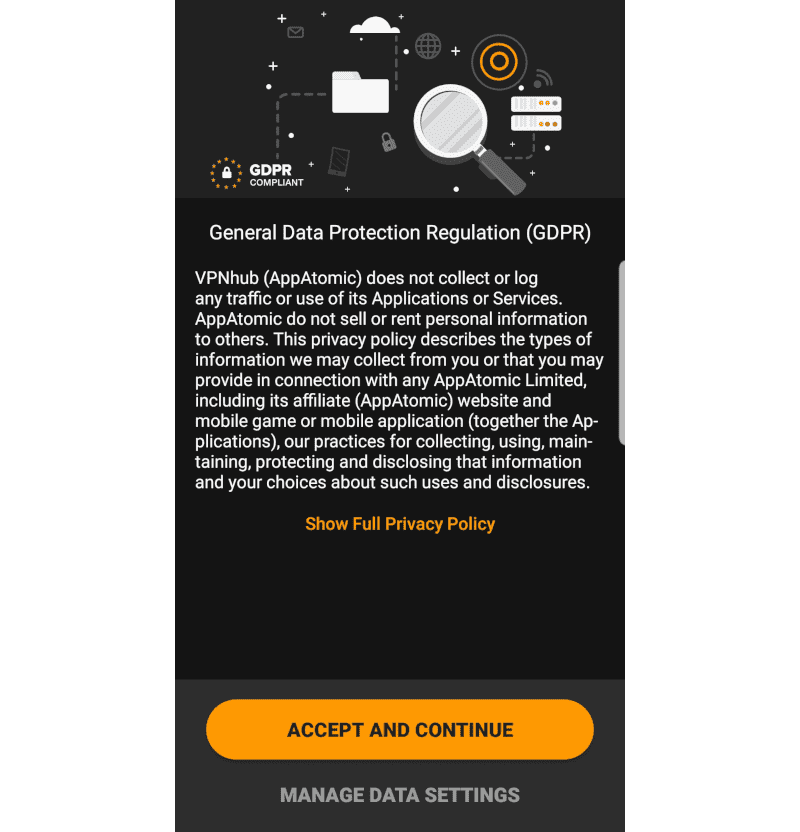 Cuplikan layar kebijakan privasi VPNhub