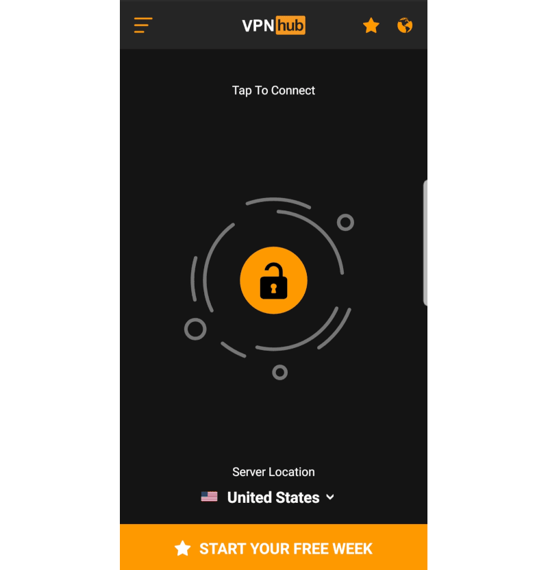 Schermafbeelding van het hoofdscherm van VPNhub op mobiel