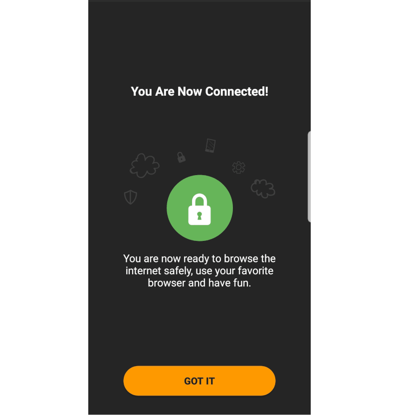 Captura de tela da aparência do VPNhub quando conectado ao celular