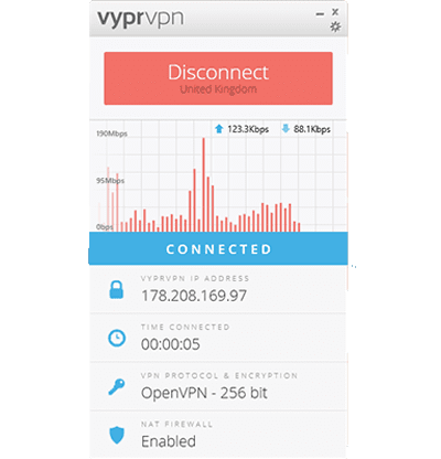 Снимок экрана домашнего экрана приложения VyprVPN для Windows