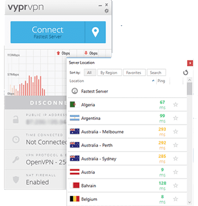 A VyprVPN kiszolgálói listájának képernyőképe a Windows alkalmazásból