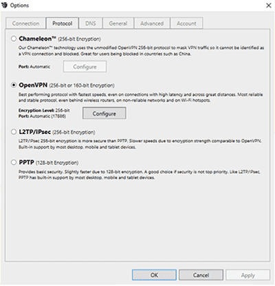 Capture d'écran des choix de protocole dans l'application Windows de VyprVPN