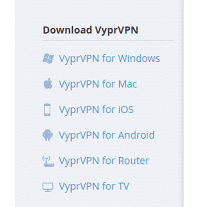 Az alkalmazás letöltési lehetőségeinek képernyőképe a VyprVPN webhelyén