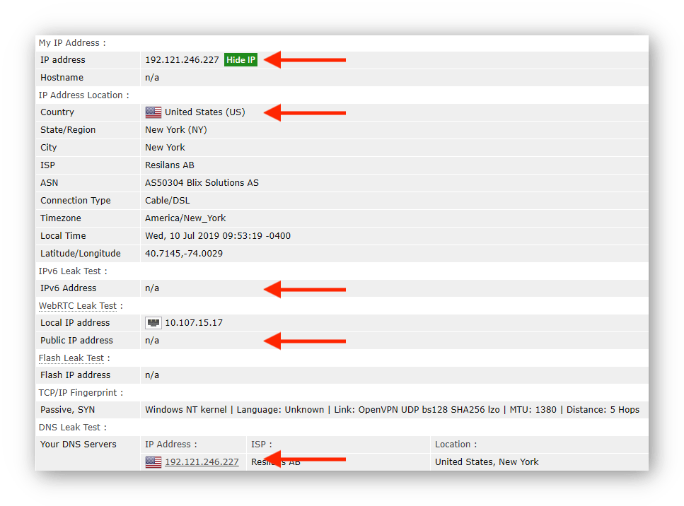 Schermata di un test di perdita browserleaks.com.