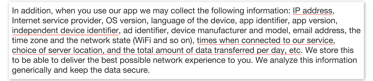Ein Screenshot aus der Datenschutzrichtlinie von Thunder VPN