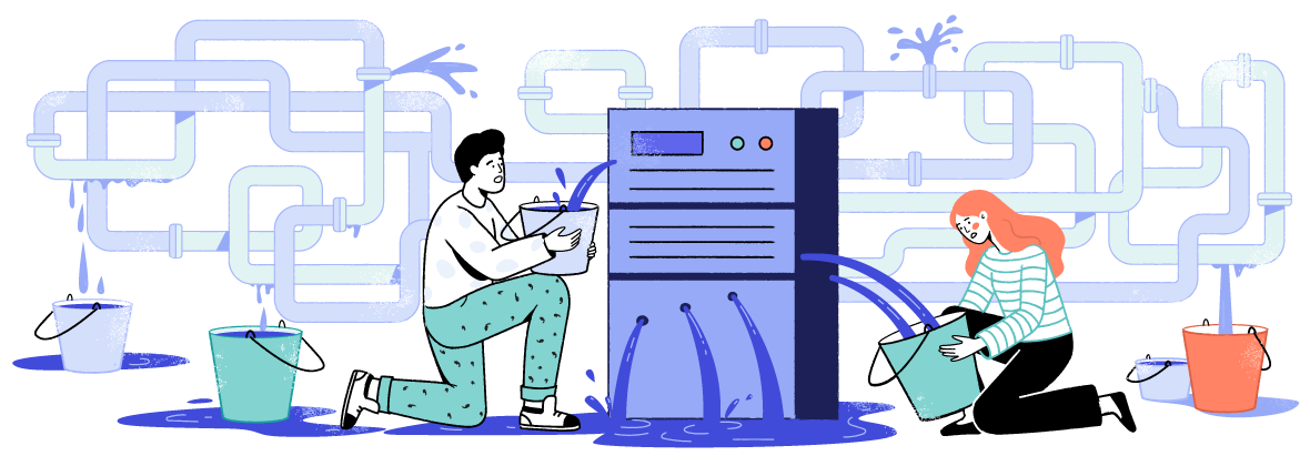 ilustração de dois caracteres consertando um servidor com vazamento