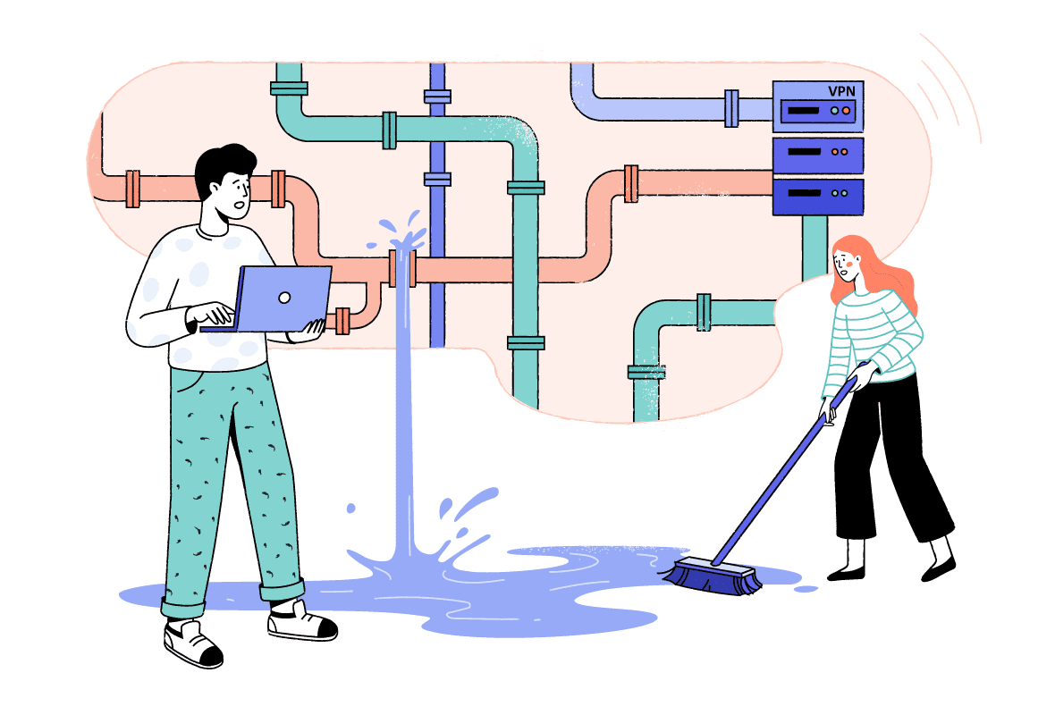 Ilustración de dos personajes que intentan arreglar una tubería con fugas.
