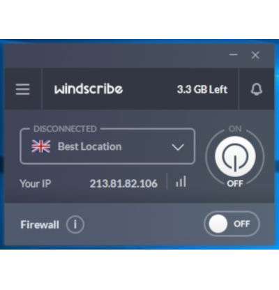 Screenshot hlavní obrazovky aplikace Windows Windscribe Free