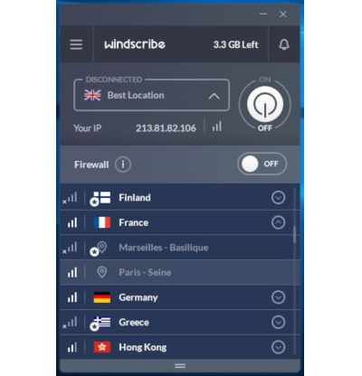 Capture d'écran de la liste des serveurs de Windscribe Free