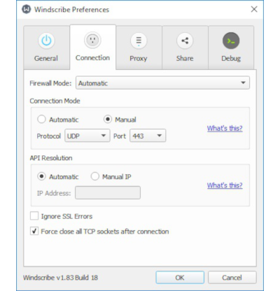 Cuplikan layar menu pengaturan di aplikasi desktop Windscribe Free