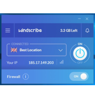Capture d'écran de l'apparence de l'application Windscribe Free lorsqu'elle est connectée