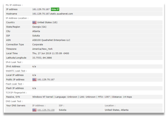 Screenshot výsledků testů úniku Windscribe na browserleaks.com